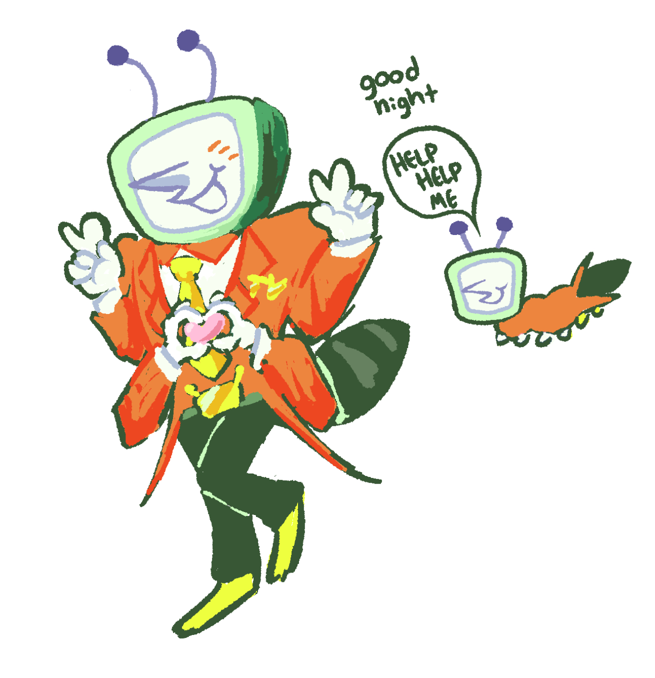 tenna based off of toby fox's concept art where he has four arms. he's peace signing with his above arms and making a heart with his bottom arms