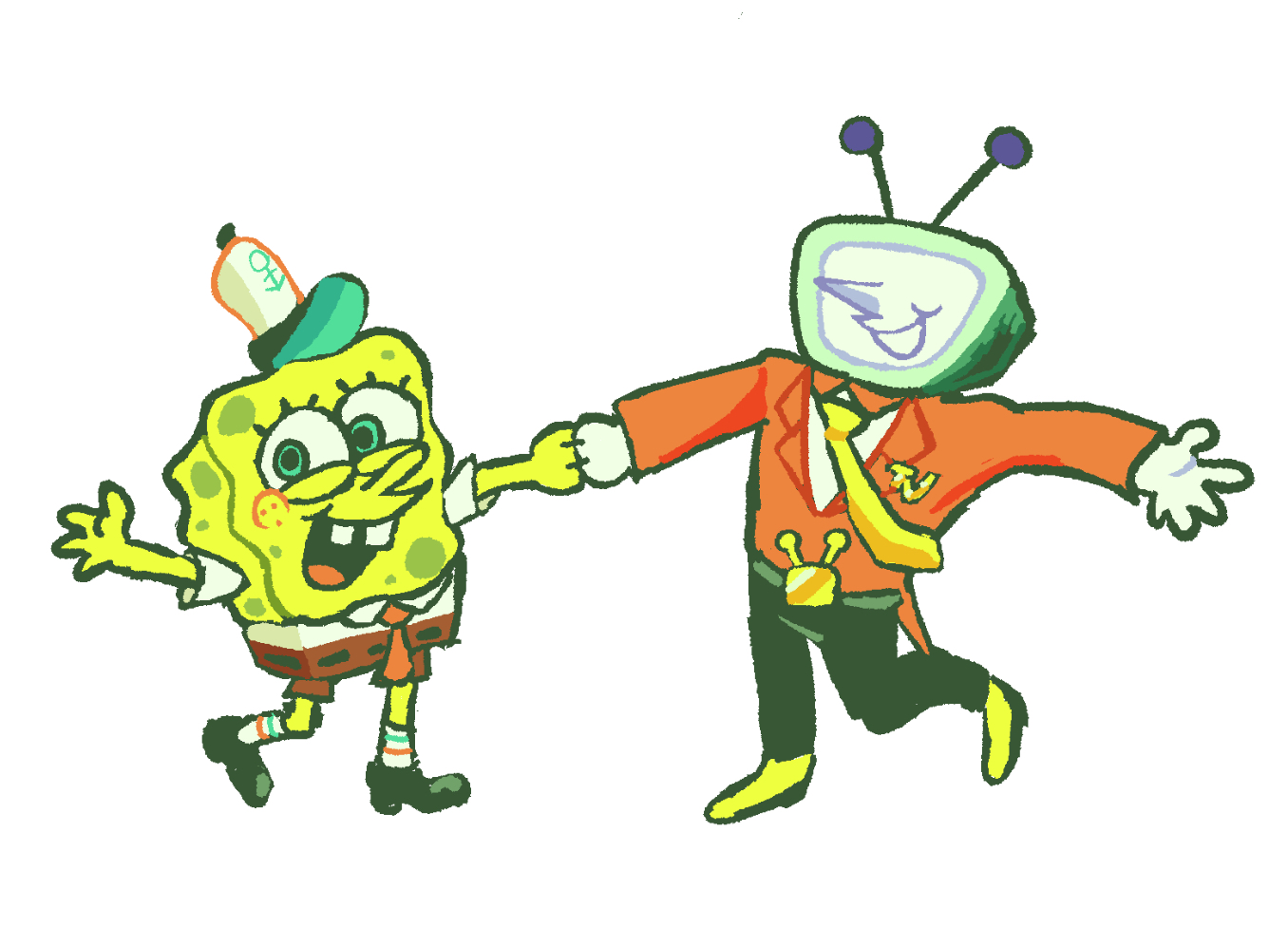 spongebob and tenna holding hands together happily