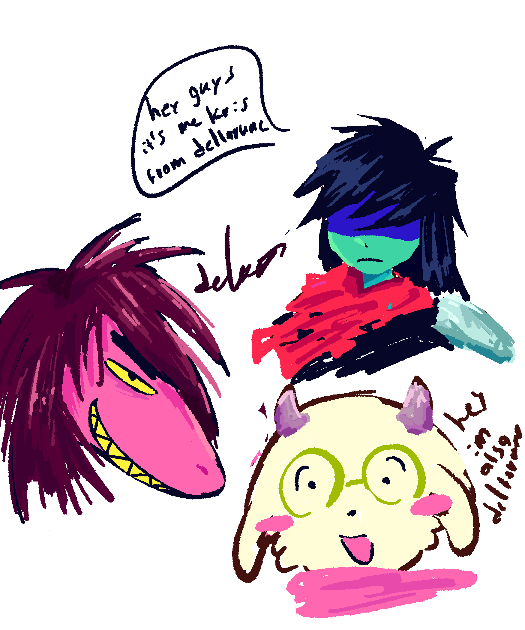 headshot drawings of kris, susie, and ralsei from deltarune