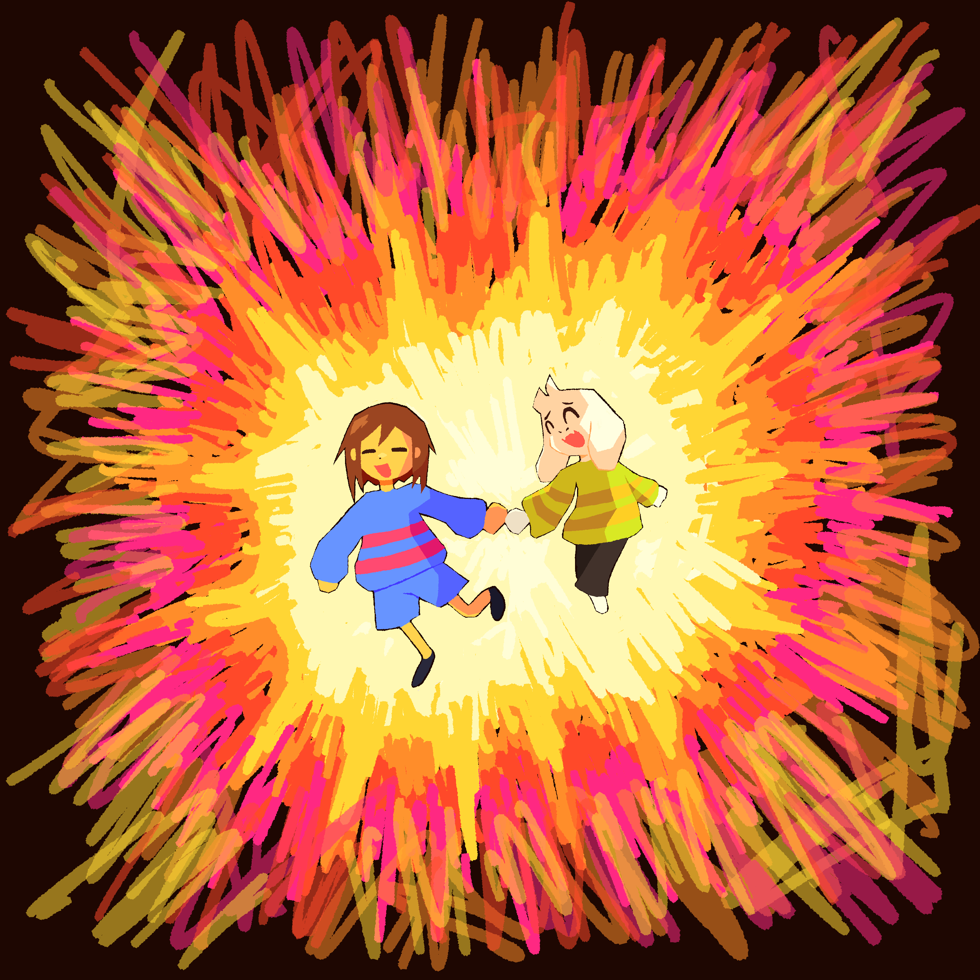 frisk and asriel holding hands in the middle of a colorful explosion
